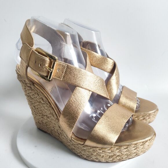Michael Kors Espadrille Sandals Size 8.5 Platform Gold Leather Giovanna 5" Wedge - Picture 1 of 14